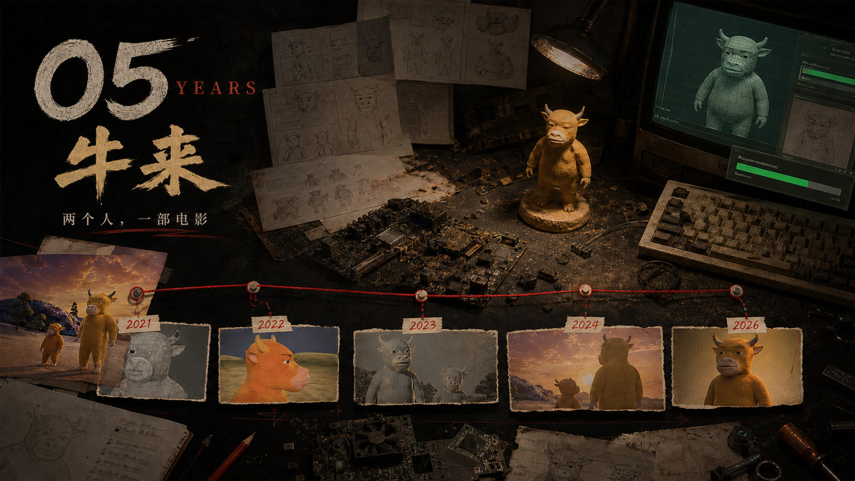 《牛来》创作篇概念视觉：五年创作档案、角色草图、牛来模型和制作设备