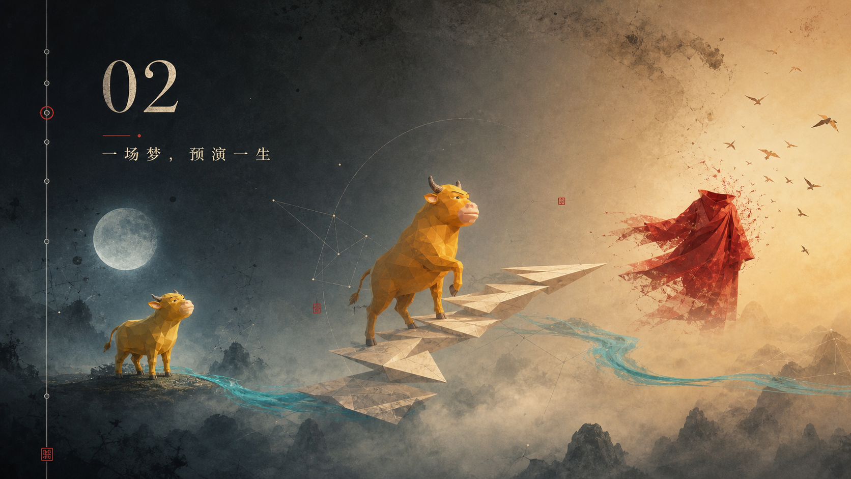 《牛来》梦境篇概念视觉：牛来从幼年走向成年，踏过纸片阶梯，红色披风化作飞鸟